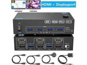 2 Port Dual Monitor HDMI & DP KVM Switch, 8K@60Hz 4K@144Hz USB3.0 KVM Switcher with 4 USB 3.0 Ports, Wired Remote, Power Adapter & USB Cables Included for 2 PCs Share Dual Monitors Keyboard Mouse Prin 2 Port Dual Monitor HDMI & DP KVM Switch, 8K@60Hz 4K@144Hz USB3.0 KVM Switcher with 4 USB 3.0 Ports, Wired Remote, Power Adapter & USB Cables Included for 2 PCs Share Dual Monitors Keyboard Mouse Prin