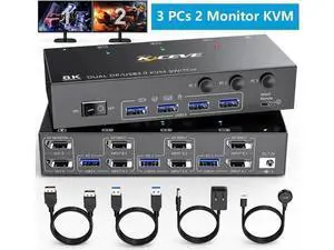 3-Port Dual DP KVM Switch, 8K@30Hz 4K@60Hz, USB3.0, Wired Remote Included 3-Port Dual DP KVM Switch, 8K@30Hz 4K@60Hz, USB3.0, Wired Remote Included