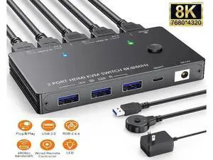 2 Port HDMI 2.1 USB3.0 KVM Switch 8K@60Hz/4K@120Hz, HDCP 2.3 & HDR10, With Wired Remote, 12V Power Adapter & 2 USB3.0 Cables for 2 PCs Sharing 1 Monitor & 3 USB Devices 2 Port HDMI 2.1 USB3.0 KVM Switch 8K@60Hz/4K@120Hz, HDCP 2.3 & HDR10, With Wired Remote, 12V Power Adapter & 2 USB3.0 Cables for 2 PCs Sharing 1 Monitor & 3 USB Devices