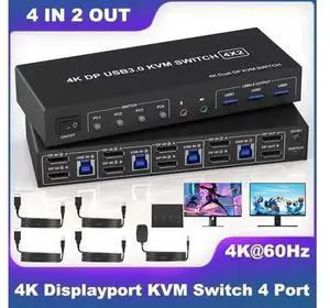 4 Port Dual DP USB3.0 KVM Switch, 4K@60Hz Dual Monitor DisplayPort KVM Switcher with Audio Mic & 3 USB 3.0 Ports for 4 PCs Share 2 Displays Keyboard Mouse 4 Port Dual DP USB3.0 KVM Switch, 4K@60Hz Dual Monitor DisplayPort KVM Switcher with Audio Mic & 3 USB 3.0 Ports for 4 PCs Share 2 Displays Keyboard Mouse