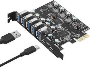 PCIe X1 USB 3.2 Gen2 Expansion Card, 7-Port 10Gbps PCI Express Hub Adapter (2×USB-C + 5×USB-A) for Desktop PC PCIe X1 USB 3.2 Gen2 Expansion Card, 7-Port 10Gbps PCI Express Hub Adapter (2×USB-C + 5×USB-A) for Desktop PC