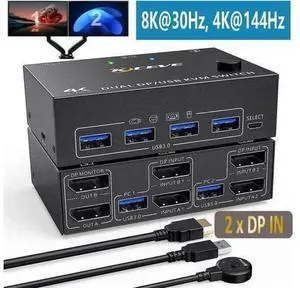 2 Port Dual Monitor DP KVM Switch DP1.4, 8K@30Hz 4K@144Hz USB3.0 KVM Switcher 2 In 2 Out with 4 USB 3.0 Ports, Wired Remote & 4 Pack Cables Included for 2 PCs Share Two Displays 2 Port Dual Monitor DP KVM Switch DP1.4, 8K@30Hz 4K@144Hz USB3.0 KVM Switcher 2 In 2 Out with 4 USB 3.0 Ports, Wired Remote & 4 Pack Cables Included for 2 PCs Share Two Displays