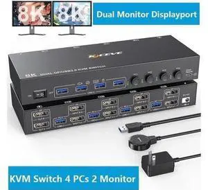 4-Port Dual DP KVM Switch 4 In 2 Out, 8K@30Hz, USB3.0, Wired Remote & USB Cables Included 4-Port Dual DP KVM Switch 4 In 2 Out, 8K@30Hz, USB3.0, Wired Remote & USB Cables Included