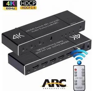 4 Port 4×1 HDMI 2.0 Switch with IR Remote & Audio Extractor 4K@60Hz 18Gbps ARC HDR10 HDCP2.2 RGB4:4:4 3D Video Splitter Converter Model OZQ7 4 Port 4×1 HDMI 2.0 Switch with IR Remote & Audio Extractor 4K@60Hz 18Gbps ARC HDR10 HDCP2.2 RGB4:4:4 3D Video Splitter Converter Model OZQ7