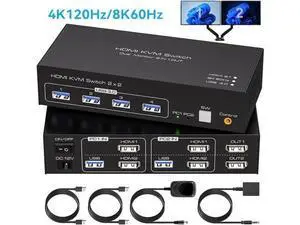 Dual Monitor HDMI KVM Switch 2 Computers, 8K@60Hz 4K@120Hz USB 3.0 KVM Switcher with 4 USB Ports, Wired Remote, 12V Power Adapter & 2 USB Cables Dual Monitor HDMI KVM Switch 2 Computers, 8K@60Hz 4K@120Hz USB 3.0 KVM Switcher with 4 USB Ports, Wired Remote, 12V Power Adapter & 2 USB Cables