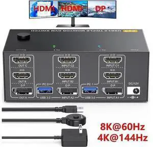 2 Port Triple Monitor 2HDMI+DP KVM Switch 2 In 3 Out, 8K@60Hz 4K@144Hz USB3.0 KVM Switcher with USB3.0 Cables & Wired Remote Controller for 2 PCs Share 3 Extended Displays 2 Port Triple Monitor 2HDMI+DP KVM Switch 2 In 3 Out, 8K@60Hz 4K@144Hz USB3.0 KVM Switcher with USB3.0 Cables & Wired Remote Controller for 2 PCs Share 3 Extended Displays