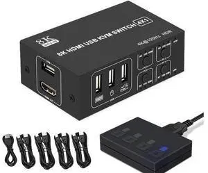 4X1 4 Port HDMI KVM Switch 8K@60Hz 4K@120Hz, 4 In 1 Out USB KVM Switcher for 4 PCs Share Single Monitor, Come with 4 USB Cables & Power Cable 4X1 4 Port HDMI KVM Switch 8K@60Hz 4K@120Hz, 4 In 1 Out USB KVM Switcher for 4 PCs Share Single Monitor, Come with 4 USB Cables & Power Cable