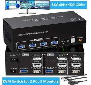 2 Port Triple Monitor 1HDMI+2DP KVM Switch, 8K@60Hz 4K@120Hz USB3.0 KVM Switcher for 2 PCs Share 3 Displays & 4 USB Devices, Support Extend & Mirror Mode 2 Port Triple Monitor 1HDMI+2DP KVM Switch, 8K@60Hz 4K@120Hz USB3.0 KVM Switcher for 2 PCs Share 3 Displays & 4 USB Devices, Support Extend & Mirror Mode