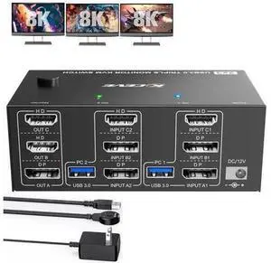 2 Port Triple Monitor HDMI+DP KVM Switch, 8K@60Hz 4K@144Hz USB3.0 KVM Switcher with 4 USB 3.0 Ports, Wired Remote & 12V Power Adapter for 2 PCs Share 3 Displays 2 Port Triple Monitor HDMI+DP KVM Switch, 8K@60Hz 4K@144Hz USB3.0 KVM Switcher with 4 USB 3.0 Ports, Wired Remote & 12V Power Adapter for 2 PCs Share 3 Displays