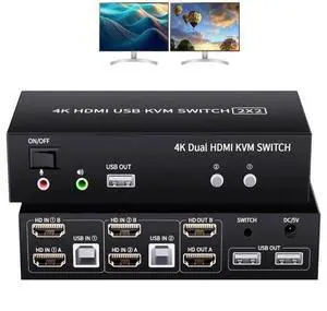 2x2 Dual Monitor HDMI KVM Switch 4K@60Hz, 2 Port KVM Switcher with 5 USB 2.0 Ports, Wired Remote & USB Power Cable for 2 PCs to Share Two Displays 2x2 Dual Monitor HDMI KVM Switch 4K@60Hz, 2 Port KVM Switcher with 5 USB 2.0 Ports, Wired Remote & USB Power Cable for 2 PCs to Share Two Displays