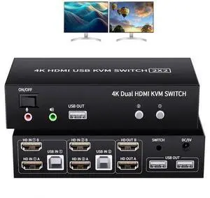 2x2 Dual Monitor HDMI KVM Switch 4K@60Hz, 2 Port KVM Switcher with 5 USB 2.0 Ports, Wired Remote & USB Power Cable for 2 PCs Share Two Displays 2x2 Dual Monitor HDMI KVM Switch 4K@60Hz, 2 Port KVM Switcher with 5 USB 2.0 Ports, Wired Remote & USB Power Cable for 2 PCs Share Two Displays