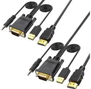 2 Pack 6FT VGA to HDMI Cable with USB Power & Audio, 1080P@60Hz VGA Male to HDMI Male Cord for PC Laptop to TV Monitor Projector 2 Pack 6FT VGA to HDMI Cable with USB Power & Audio, 1080P@60Hz VGA Male to HDMI Male Cord for PC Laptop to TV Monitor Projector