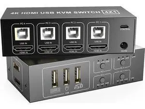 4-Port HDMI KVM Switch 4 In 1 Out, Support 4K@60Hz, 4 PCs Share One Monitor, Keyboard & Mouse, Comes with 4 USB Cables, 1 Switch Cable & 1 Power Cable 4-Port HDMI KVM Switch 4 In 1 Out, Support 4K@60Hz, 4 PCs Share One Monitor, Keyboard & Mouse, Comes with 4 USB Cables, 1 Switch Cable & 1 Power Cable