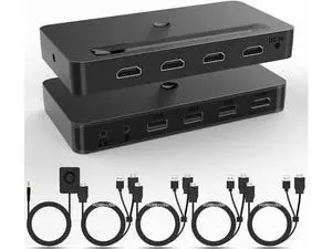 4-Port 4x1 HDMI KVM Switch 4K@60Hz, Built-in Audio Mic & 3 USB Hub, Wired Remote, 4 Combo Cables + USB Power Cable Included 4-Port 4x1 HDMI KVM Switch 4K@60Hz, Built-in Audio Mic & 3 USB Hub, Wired Remote, 4 Combo Cables + USB Power Cable Included