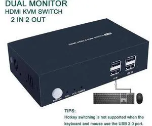2 Port Dual Monitor HDMI KVM Switch 4K@30Hz, 2 USB2.0 Hub, Hotkey Switch, No Power Adapter, 4 HDMI Cables Included 2 Port Dual Monitor HDMI KVM Switch 4K@30Hz, 2 USB2.0 Hub, Hotkey Switch, No Power Adapter, 4 HDMI Cables Included