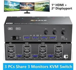 3-Port Triple Monitor KVM Switch (1HDMI+2DP), 8K@60Hz 4K@144Hz, 4 USB3.0 Ports, Wired Remote & Power Adapter Included 3-Port Triple Monitor KVM Switch (1HDMI+2DP), 8K@60Hz 4K@144Hz, 4 USB3.0 Ports, Wired Remote & Power Adapter Included