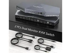 2 Port Dual Monitor HDMI KVM Switch 4K, USB-Powered, Hotkey Control, Built-in Audio, Full Cables Included for 2 PCs & 2 Monitors 2 Port Dual Monitor HDMI KVM Switch 4K, USB-Powered, Hotkey Control, Built-in Audio, Full Cables Included for 2 PCs & 2 Monitors