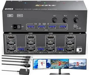 3-Port Triple Monitor KVM Switch (1HDMI+2DP), 8K@60Hz, 4 USB3.0 Ports, Wired Remote & Power Adapter Included 3-Port Triple Monitor KVM Switch (1HDMI+2DP), 8K@60Hz, 4 USB3.0 Ports, Wired Remote & Power Adapter Included
