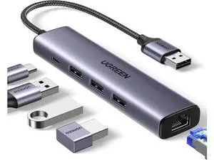 UGREEN 5-in-1 USB Hub with Gigabit Ethernet Adapter, Multiport Dock Featuring 3×USB3.0, RJ45 Gigabit LAN & USB-C PD Charging Port, Plug and Play for MacBook, XPS, Windows 11 Laptops UGREEN 5-in-1 USB Hub with Gigabit Ethernet Adapter, Multiport Dock Featuring 3×USB3.0, RJ45 Gigabit LAN & USB-C PD Charging Port, Plug and Play for MacBook, XPS, Windows 11 Laptops