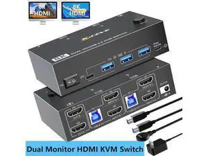 2 Port Dual Monitor HDMI KVM Switch, 8K@60Hz 4K@120Hz USB3.0 KVM Switcher with Wired Remote & Power Adapter for 2 PCs Share 2 Displays & 4 USB 3.0 Devices, Support Extend & Mirror Mode 2 Port Dual Monitor HDMI KVM Switch, 8K@60Hz 4K@120Hz USB3.0 KVM Switcher with Wired Remote & Power Adapter for 2 PCs Share 2 Displays & 4 USB 3.0 Devices, Support Extend & Mirror Mode