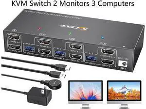 3 Port Dual HDMI USB 3.0 KVM Switch 4K@60Hz, Dual Monitor KVM Switcher with 4 USB Ports, Wired Remote, Power Adapter & USB3.0 Cables for 3 PCs Share 2 Displays 3 Port Dual HDMI USB 3.0 KVM Switch 4K@60Hz, Dual Monitor KVM Switcher with 4 USB Ports, Wired Remote, Power Adapter & USB3.0 Cables for 3 PCs Share 2 Displays