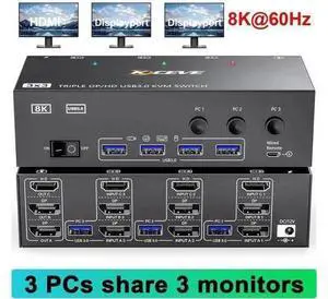 3-Port Triple Monitor KVM Switch (1HDMI+2DP), 8K@60Hz, 4 USB3.0 Ports, Wired Remote & Power Adapter 3-Port Triple Monitor KVM Switch (1HDMI+2DP), 8K@60Hz, 4 USB3.0 Ports, Wired Remote & Power Adapter