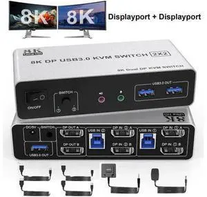 2 Port Dual Monitor DP USB 3.0 KVM Switch 8K@60Hz/4K@144Hz, Separate Audio & Mic Jacks, 3 USB3.0 Ports, Desktop Controller & 2 USB Cables Included for 2 PCs 2 Port Dual Monitor DP USB 3.0 KVM Switch 8K@60Hz/4K@144Hz, Separate Audio & Mic Jacks, 3 USB3.0 Ports, Desktop Controller & 2 USB Cables Included for 2 PCs