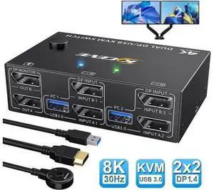 2 Port 2-In-2-Out Dual Monitor DP 1.4 KVM Switch 8K@30Hz 4K@144Hz USB 3.0, Wired Remote Controller, 4 USB 3.0 Ports, Complete with 4 Matching Cables for 2 PCs Share Dual Displays & USB Peripherals 2 Port 2-In-2-Out Dual Monitor DP 1.4 KVM Switch 8K@30Hz 4K@144Hz USB 3.0, Wired Remote Controller, 4 USB 3.0 Ports, Complete with 4 Matching Cables for 2 PCs Share Dual Displays & USB Peripherals