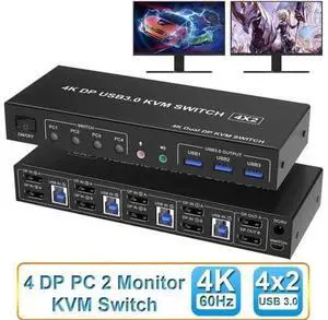 4-Port Dual DP USB3.0 KVM Switch 4 In 2 Out, 4K@60Hz, Audio & Mic Jacks, 3 USB3.0 Ports 4-Port Dual DP USB3.0 KVM Switch 4 In 2 Out, 4K@60Hz, Audio & Mic Jacks, 3 USB3.0 Ports