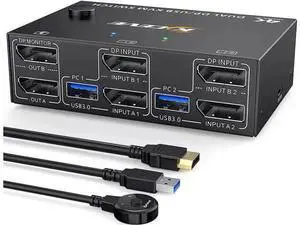 2 Port Dual Monitor DP 1.4 KVM Switch 8K@30Hz 4K@60Hz, 2 PCs Share 2 Screens, 4 USB 3.0 Ports, DP1.2 Backward Compatible, With DP USB Cables & Wired Controller 2 Port Dual Monitor DP 1.4 KVM Switch 8K@30Hz 4K@60Hz, 2 PCs Share 2 Screens, 4 USB 3.0 Ports, DP1.2 Backward Compatible, With DP USB Cables & Wired Controller