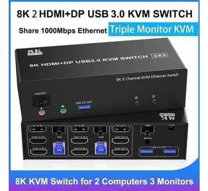 2 Port Triple Monitor 2HDMI+DP KVM Switch USB3.0, With 1000Mbps RJ45 Ethernet, 3 USB3.0 Ports, 3.5mm Audio Mic & Wired Remote for 2 PCs Share 3 Displays 2 Port Triple Monitor 2HDMI+DP KVM Switch USB3.0, With 1000Mbps RJ45 Ethernet, 3 USB3.0 Ports, 3.5mm Audio Mic & Wired Remote for 2 PCs Share 3 Displays