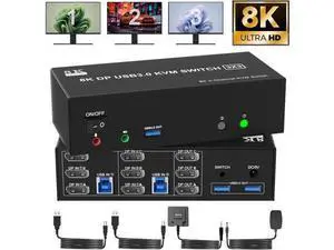 2 PCs Triple Monitor DP 1.4 KVM Switch 8K@60Hz 4K@144Hz USB 3.0, Audio & Mic Jack, 3 USB 3.0 Ports, Wired Remote & 5V Power Adapter Included for 2 Hosts Share 3 Displays 2 PCs Triple Monitor DP 1.4 KVM Switch 8K@60Hz 4K@144Hz USB 3.0, Audio & Mic Jack, 3 USB 3.0 Ports, Wired Remote & 5V Power Adapter Included for 2 Hosts Share 3 Displays