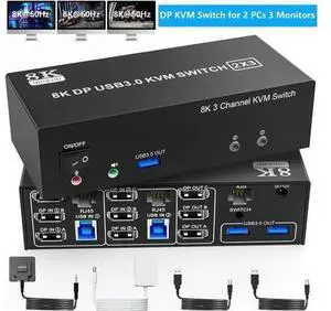 2 PCs Triple Monitor DP 1.4 KVM Switch 8K@60Hz 4K@144Hz USB3.0, Built-in 1-to-2 RJ45 Ethernet Splitter, Audio & Mic Jack, 3 USB 3.0 Ports for Sharing 3 Displays, Network & USB Peripherals 2 PCs Triple Monitor DP 1.4 KVM Switch 8K@60Hz 4K@144Hz USB3.0, Built-in 1-to-2 RJ45 Ethernet Splitter, Audio & Mic Jack, 3 USB 3.0 Ports for Sharing 3 Displays, Network & USB Peripherals