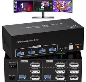 2-Port Triple Monitor DP KVM Switch, 8K/4K@120Hz, 4 USB3.0 Ports, Wired Controller & 12V Power Adapter Included 2-Port Triple Monitor DP KVM Switch, 8K/4K@120Hz, 4 USB3.0 Ports, Wired Controller & 12V Power Adapter Included