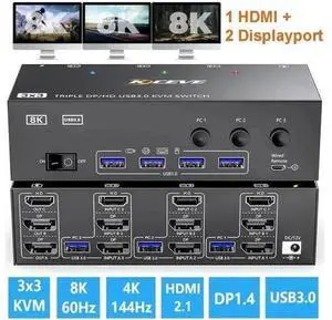 3-Port Triple Monitor KVM Switch (1HDMI+2DP), 8K@60Hz, 4 USB3.0 Ports, Wired Remote & 12V Power Adapter Included 3-Port Triple Monitor KVM Switch (1HDMI+2DP), 8K@60Hz, 4 USB3.0 Ports, Wired Remote & 12V Power Adapter Included