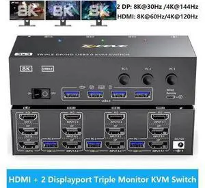 3-Port Triple Monitor KVM Switch (1HDMI+2DP), 8K@60Hz, 4 USB3.0 Ports, Wired Remote, USB Cable & Power Adapter Included 3-Port Triple Monitor KVM Switch (1HDMI+2DP), 8K@60Hz, 4 USB3.0 Ports, Wired Remote, USB Cable & Power Adapter Included