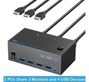 2 Port Triple Monitor KVM Switch (1HDMI+2DP), 8K@60Hz USB3.0 KVM Switcher with 4 USB Ports, 2 USB Cables, Power Adapter & Wired Controller for 2 PCs Share 3 Displays 2 Port Triple Monitor KVM Switch (1HDMI+2DP), 8K@60Hz USB3.0 KVM Switcher with 4 USB Ports, 2 USB Cables, Power Adapter & Wired Controller for 2 PCs Share 3 Displays