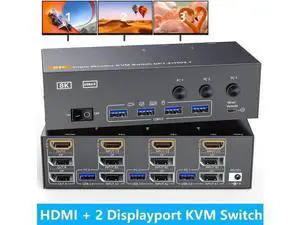 3-Port Triple Monitor KVM Switch (1HDMI+2DP), 8K@60Hz 4K@144Hz, 4 USB3.0 Ports, Wired Remote, Power Adapter & USB Cables Included 3-Port Triple Monitor KVM Switch (1HDMI+2DP), 8K@60Hz 4K@144Hz, 4 USB3.0 Ports, Wired Remote, Power Adapter & USB Cables Included