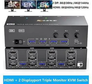 3-In-3-Out Triple Monitor KVM Switch 8K@60Hz (HDMI+2DP), 4 USB 3.0 Ports for 3 PCs Share 3 Displays, Wired Remote, USB Cable & Power Adapter Included 3-In-3-Out Triple Monitor KVM Switch 8K@60Hz (HDMI+2DP), 4 USB 3.0 Ports for 3 PCs Share 3 Displays, Wired Remote, USB Cable & Power Adapter Included