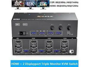 3 Port Triple Monitor KVM Switch (1HDMI+2DP), 8K@60Hz USB3.0 KVM Switcher with 4 USB3.0 Ports, Wired Remote, USB Cables & Power Adapter Included for 3 PCs Share 3 Displays Keyboard Mouse Printer 3 Port Triple Monitor KVM Switch (1HDMI+2DP), 8K@60Hz USB3.0 KVM Switcher with 4 USB3.0 Ports, Wired Remote, USB Cables & Power Adapter Included for 3 PCs Share 3 Displays Keyboard Mouse Printer