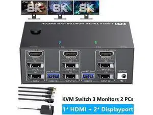 2 Port Triple Monitor KVM Switch (1HDMI+2DP), 8K@60Hz 4K@144Hz USB3.0 KVM Switcher with 4 USB 3.0 Ports, Wired Remote & Power Adapter for 2 PCs Share 3 Displays Keyboard Mouse 2 Port Triple Monitor KVM Switch (1HDMI+2DP), 8K@60Hz 4K@144Hz USB3.0 KVM Switcher with 4 USB 3.0 Ports, Wired Remote & Power Adapter for 2 PCs Share 3 Displays Keyboard Mouse