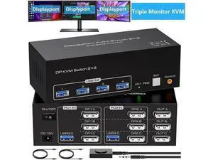 2 PCs Triple Monitor Dual DP KVM Switch 8K@60Hz 4K@120Hz USB 3.0, Support Extended & Duplicate Display Modes, 4 USB 3.0 Sharing Ports for 2 Laptops/PCs Share 3 DP Monitors 2 PCs Triple Monitor Dual DP KVM Switch 8K@60Hz 4K@120Hz USB 3.0, Support Extended & Duplicate Display Modes, 4 USB 3.0 Sharing Ports for 2 Laptops/PCs Share 3 DP Monitors
