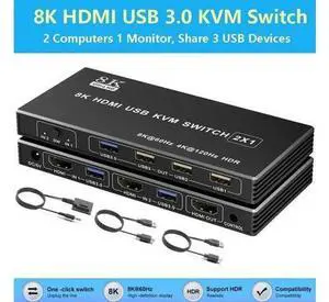 2 Port HDMI USB 3.0 KVM Switch 8K@60Hz, 2 In 1 Out KVM Switcher for 2 PCs Share 1 Monitor Keyboard Mouse Printer Scanner, With Desktop Controller 2 Port HDMI USB 3.0 KVM Switch 8K@60Hz, 2 In 1 Out KVM Switcher for 2 PCs Share 1 Monitor Keyboard Mouse Printer Scanner, With Desktop Controller