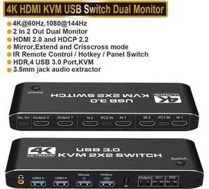 2 Port Dual Monitor HDMI KVM Switch 4K@60Hz, USB 3.0 KVM Switcher for 2 PCs Share Dual Screens, Compatible with Laptop PS4 Xbox 2 Port Dual Monitor HDMI KVM Switch 4K@60Hz, USB 3.0 KVM Switcher for 2 PCs Share Dual Screens, Compatible with Laptop PS4 Xbox
