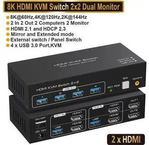 2 In 2 Out Dual Monitor HDMI KVM Switch, 8K@60Hz 4K@120Hz USB 3.0 KVM Switcher with 4 USB Ports for 2 PCs, Compatible with Windows MacOS Linux Unix 2 In 2 Out Dual Monitor HDMI KVM Switch, 8K@60Hz 4K@120Hz USB 3.0 KVM Switcher with 4 USB Ports for 2 PCs, Compatible with Windows MacOS Linux Unix