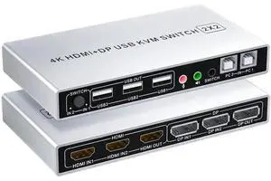 Vszerda Dual Monitor KVM Switch 2 In 2 Out, Hybrid DP+HDMI Input & Output 4K@60Hz KVM Switcher for 2 Computers Share Two Monitors Vszerda Dual Monitor KVM Switch 2 In 2 Out, Hybrid DP+HDMI Input & Output 4K@60Hz KVM Switcher for 2 Computers Share Two Monitors