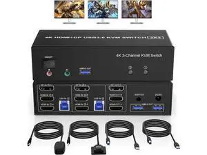 2 Port Triple Monitor KVM Switch (2HDMI+1DP), 4K@60Hz USB3.0 KVM Switcher with Audio & Mic, 3 USB 3.0 Ports for 2 PCs Share 3 Displays Keyboard Mouse 2 Port Triple Monitor KVM Switch (2HDMI+1DP), 4K@60Hz USB3.0 KVM Switcher with Audio & Mic, 3 USB 3.0 Ports for 2 PCs Share 3 Displays Keyboard Mouse