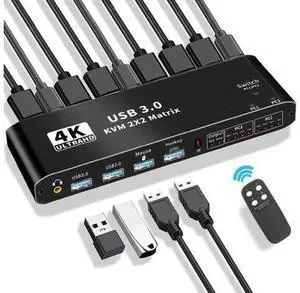2X2 HDMI Matrix KVM Switch 4K@60Hz, Dual Monitor KVM Switcher with 2 USB 3.0 Ports for 2 Computers Share 2 Displays 2X2 HDMI Matrix KVM Switch 4K@60Hz, Dual Monitor KVM Switcher with 2 USB 3.0 Ports for 2 Computers Share 2 Displays