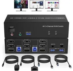 2-Port Triple Monitor KVM Switch HDMI+2DP, 4K@60Hz USB3.0 KVM Switcher with Audio & 3 USB3.0 Ports for 2 Computers 2-Port Triple Monitor KVM Switch HDMI+2DP, 4K@60Hz USB3.0 KVM Switcher with Audio & 3 USB3.0 Ports for 2 Computers