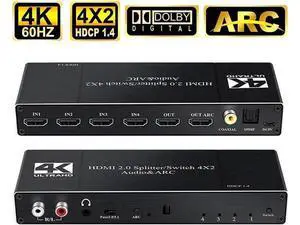 4 in 2 Out HDMI 2.0 Audio Extractor Switch 4K@60Hz, HDMI Matrix Converter with Optical SPDIF, Coaxial & 3.5mm AUX Audio Out, Supports ARC, HDR, HDCP 2.2, YUV4:2:0, EDID Management 4 in 2 Out HDMI 2.0 Audio Extractor Switch 4K@60Hz, HDMI Matrix Converter with Optical SPDIF, Coaxial & 3.5mm AUX Audio Out, Supports ARC, HDR, HDCP 2.2, YUV4:2:0, EDID Management
